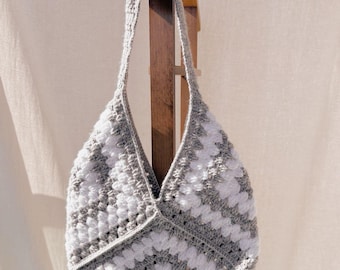 Patrón de bolso cuadrado de abuela a crochet (PDF), tutorial de bolso tote con tiras para atar, descarga digital