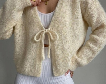 Knitted Bow Cardigan Pattern PDF, Mohair Cardigan Pattern, Cozy Knit Cardigan, Tie Front Sweater Pattern, Soft Girl Cardigan, S-XXXL Sizes,