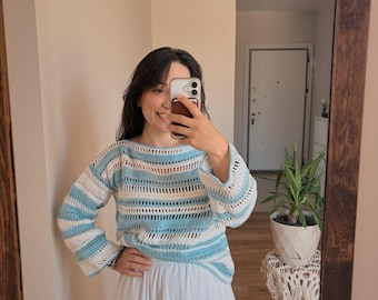Modèle PDF de pull rayé au crochet, tutoriel de pull ample, téléchargement numérique