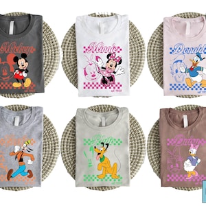 Retro geruit shirt Disney-personage, Mickey Minnie Donald Daisy Goofy Pluto T-shirt, vintage cartoon T-shirt, bijpassende familietrui