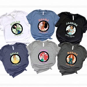 Retro Circle Princess T-Shirt With Tiana Belle Ariel Jasmine Cinderella Rapunzel Moana, Disney Princess Birthday Tee For Girls