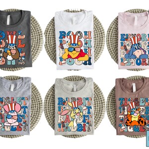 Maglietta del 4 luglio di Winnie The Pooh, maglietta patriottica di Tigro, Ih-Oh, Pimpi, Coniglio e Gufo, simpatica maglietta con un personaggio dei cartoni animati per il Giorno dell'Indipendenza