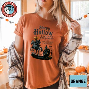 Camiseta de Halloween Sleepy Hollow, Camiseta do Cavaleiro Sem Cabeça Morto e Café da Manhã, Camiseta da Casa Mal-Assombrada com Abóbora Assustadora, Moletom de Terror para Halloween