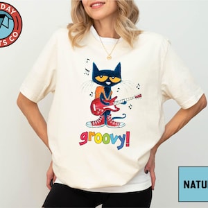 Pete The Cat Gitarren-T-Shirt, Groovy Cartoon Katzen-T-Shirt, lustiges Pete The Cat-Fan-Shirt, Kindheitserinnerungs-T-Shirt, zurück zu Schullehrer-Geschenk
