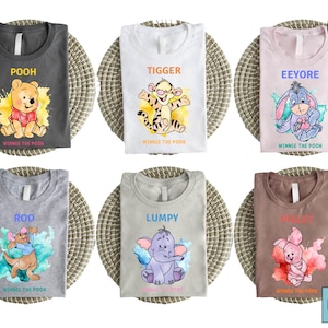 Camiseta de Winnie the Pooh, Pooh, Piglet, Tigger, Eeyore, Roo, Owl Lumpy, camiseta con personaje de dibujos animados en acuarela, lindo regalo familiar
