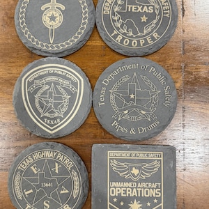 Engraved Slate Coasters, Texas DPS Inspired Patch Design, Law Enforcement Gift