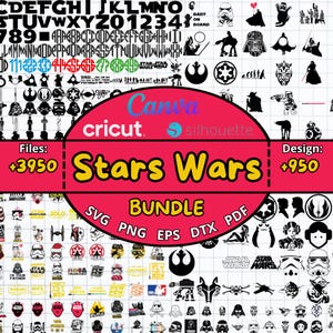 Peut inclure: Un collage numérique d'images sur le thème de Star Wars, comprenant des personnages, des logos et du texte. Le collage est intitulé "Stars Wars Bundle" et comprend une variété de formats de fichiers, notamment SVG, PNG, EPS, DTX et PDF.