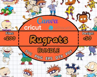 May include: A colorful digital clipart bundle featuring the Rugrats characters. The bundle includes 50 designs in SVG, PNG, EPS, DTX, and PDF formats. The image shows various characters from the show, including Tommy Pickles, Chuckie Finster, Phil and Lil DeVille, Angelica Pickles, and Susie Carmichael.