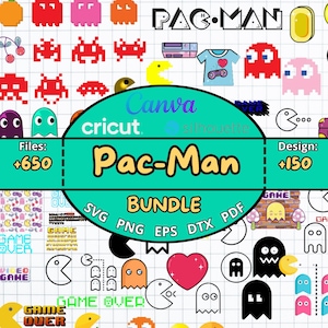 Pac Man SVG Bundle: Includes Pac Man PNGs, retro arcade clipart, and ghost svgs, ideal for gaming crafts, Cricut, and Silhouette