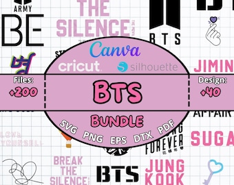 May include: A pink and white BTS bundle graphic with the text "BTS BUNDLE" in a large, bold font. The image includes the words "Canva", "cricut", and "silhouette". The image also includes the words "Files: +200" and "Design: +40".
