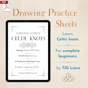 Può includere: Un tablet digitale che mostra una guida PDF intitolata Learn How to Draw Celtic Knots. Lo schermo elenca 20-page Premium PDF Guide, 12 Celtic Knot Tutorials, 3 Graduation Challenge Pages e il testo Printable or digital-use friendly.
