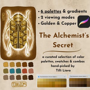 Peut inclure: Illustration numérique d'un scarabée doré avec le texte "The Alchemist's Secret". Comprend des palettes de couleurs, des échantillons et des dégradés. L'image met également en évidence 6 palettes, 2 modes de visualisation et des tons dorés et cuivrés.