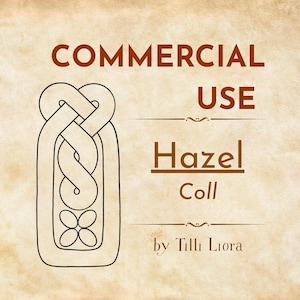 May include: A digital graphic featuring a dark brown Celtic knot design on a textured beige background. The text reads COMMERCIAL USE, Hazel Coll, and by Tilli Liora. The knot is an elongated shape with a braided pattern and a four-petal flower motif.