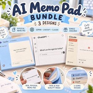 Puede incluir: Un conjunto de tres blocs de notas con diseños de interfaz de IA para Gemini, ChatGPT y Claude. Los blocs azul claro, blanco y crema muestran campos de entrada de chat e iconos de menú. El paquete incluye hojas de papel físicas para notas.