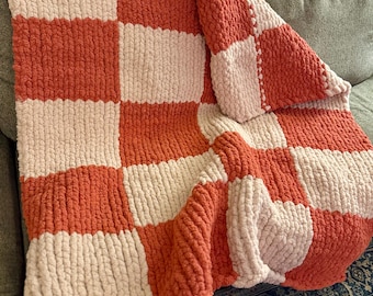 Handknit Chunky Checkered Throw Blanket