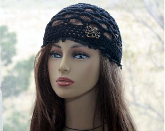 Womens Cotton Beanie, Black Lace Hat, Crochet Adorable Hat Beanie