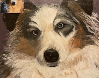 Peut inclure: Portrait peint d'un chien, avec un gros plan du visage du chien. Le chien a un pelage blanc et marron avec des yeux bleus et un nez noir. La peinture est sur une toile avec un fond violet. Une petite image du chien est dans le coin supérieur gauche.