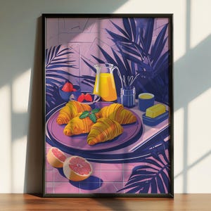 Breakfast Print, Croissant Printable Art, Foodie Poster, Still Life Painting, Kitchen Wall Decor, Matisse Style Digital Download