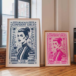 Poster femminista - Arte murale con donne sicure di sé, stampa con citazione ispiratrice, decorazione in toile chinoiserie blu e rosa, decorazione alla moda Girl Power