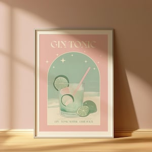 Gin Tonic Print, Cocktail Retro Wall Art, Alcohol Poster, Bar Cart Print, Minimalist Wall Art, Trendy Decor - Digital Download