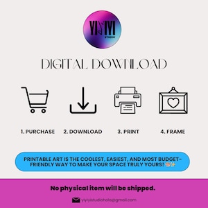 Op de afbeelding: Digitale download-afbeelding met de tekst "Digitale download" en instructies: Kopen, Downloaden, Afdrukken en Inlijsten. Bevat een logo en de tekst "Printbare kunst is de coolste, gemakkelijkste en meest budgetvriendelijke manier om van uw ruimte echt de uwe te maken!"