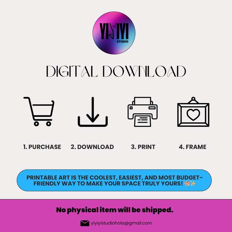Op de afbeelding: Digitale download-afbeelding met de tekst "Digitale download" en instructies: Kopen, Downloaden, Afdrukken en Inlijsten. Bevat een logo en de tekst "Printbare kunst is de coolste, gemakkelijkste en meest budgetvriendelijke manier om van uw ruimte echt de uwe te maken!"