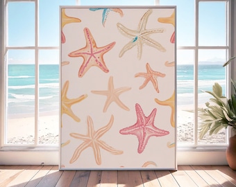 Zeester Schilderij Kleurrijke Pastel Abstracte Poster Kust Kunst Print voor Strandhuis Zomer Eetkamer & Keuken Decor Digitale Download