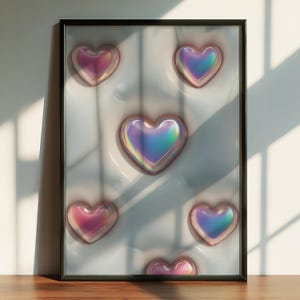 Puede incluir: Una impresión artística enmarcada con siete formas de corazón iridiscentes sobre un fondo blanco. Los corazones tienen una apariencia brillante y tridimensional con una gama de colores, incluyendo rosa, azul y verde. El marco es negro.