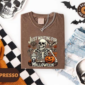 Just Waiting for Halloween Shirt, Funny Summerween Tee, Humorous Spooky Season Skeleton Sweatshirt, Comfort Colors Halloween Vibes T-shirt
