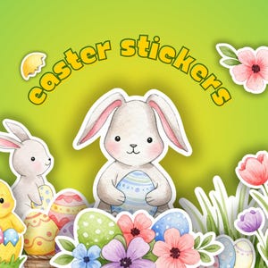 83 Printable Easter Stickers - Cute Bunny, Eggs, Basket & Chicken Designs - Digital Download for DIY Crafts, Kids, Planners or Scrapbooking