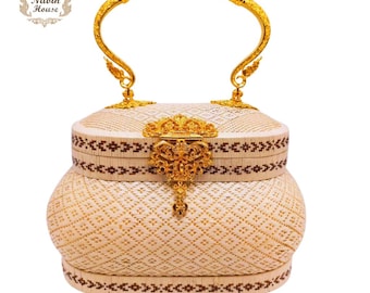 Ivory Woven Palm Leaf Bag: Gold Handle, Thai Silk Lined
