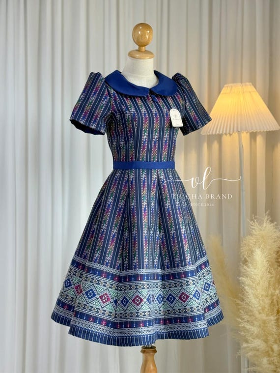 Thai Cotton Dress: Navy Blue Woven Outfit, Temple & Party Attire