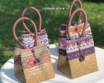 Handwoven Rattan Bag with Fabric Lining