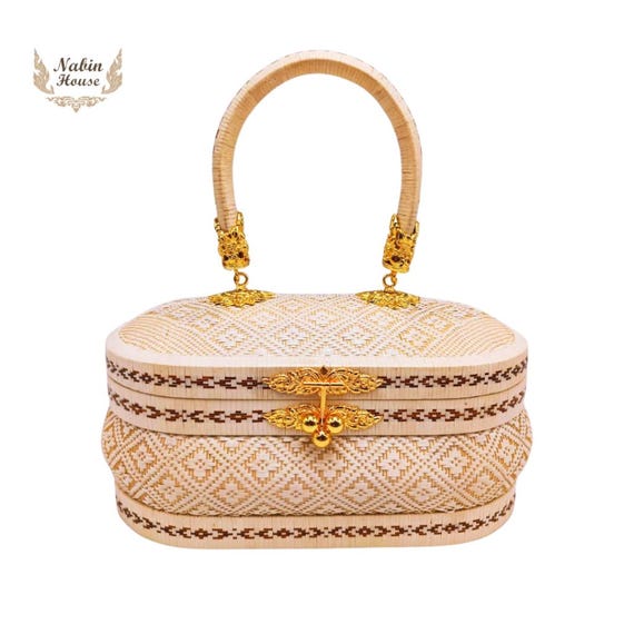 Ivory Woven Palm Leaf Bag: Thai Patterned Yam Lipa, Gold Lock
