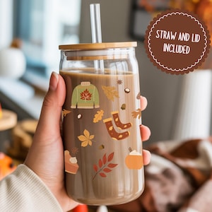 Autumn Sipper Glass Cup with Bamboo Lid & Straw: Fall Iced Coffee Tumbler