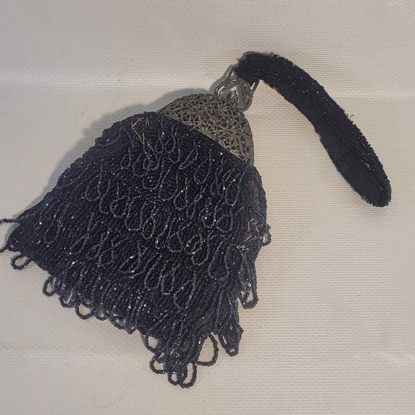 Antique Black Fringe Beaded Bag With Hand Strap Art Deco Flapper Purse Evening Handbag