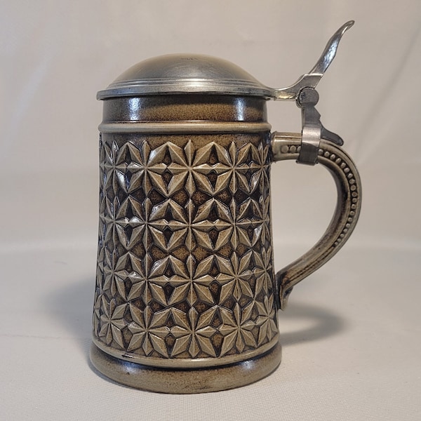 Green Brown Beer Stein With Diamond Design And Pewter Lid