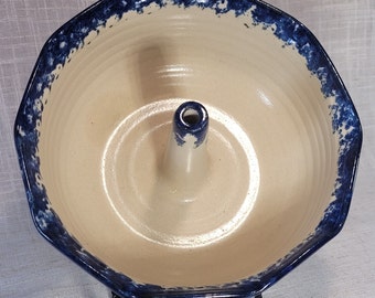 Blue Sponge Glazed Stoneware Pottery Bundt Pan