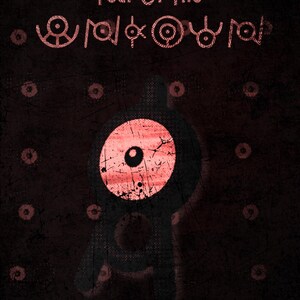 May include: A black and red illustration of a single eye with the text "Fear Of The Unknown" above it. The background is a dark brown with a pattern of small red circles.