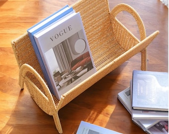 Boho Woven Magazine Rack, Imitation Rattan Hollow Storage Basket