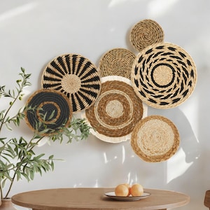Boho Wall Basket Set - 7-Pack Handmade Woven Seagrass Rattan Decor for Bohemian & Farmhouse Style Home Wall Art