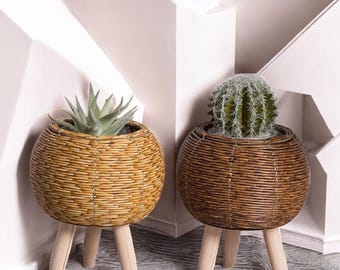 Handwoven Rattan-Look Flower Pot with Stand - Boho Woven Planter