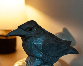 Hand-Carved Wood Crow Figurine: Gothic Home Decor