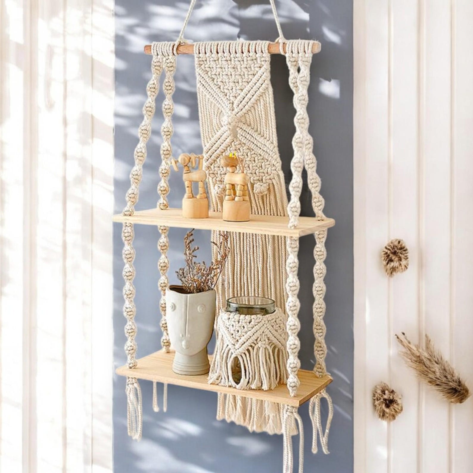 2-tier Macrame Wall Hanging Shelf – Boho Floating Wooden Shelf