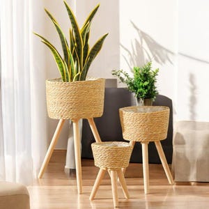 Wood Woven Plant Pot with Stand – Handmade Boho Flower Basket | Indoor and Outdoor Planter for Home, Office & Garden