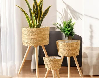 Handmade Wood Woven Plant Pot with Stand: Boho Home Decor