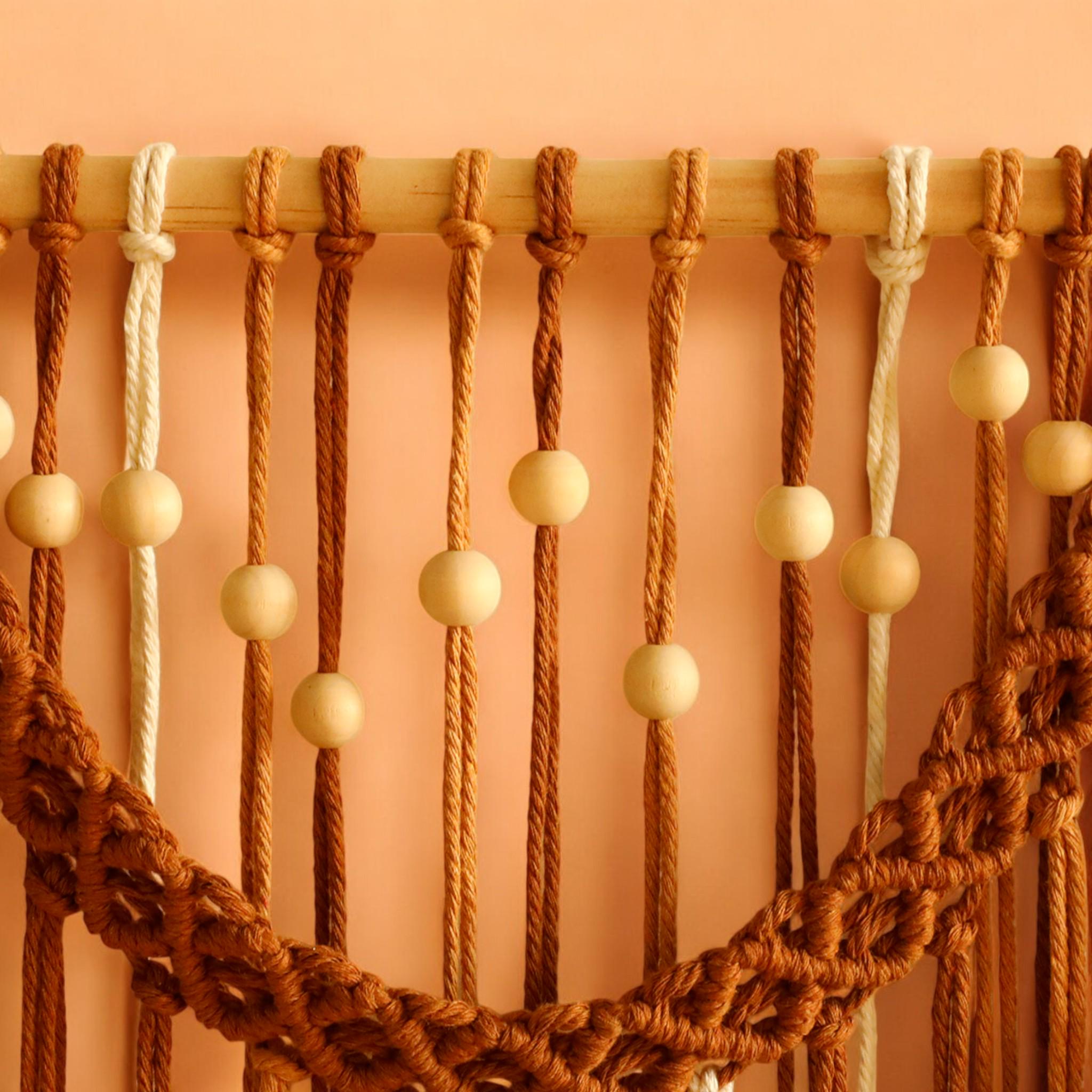 Arazzo Macramè Boho Con Perline Di Legno - Decorazione Parete Fatto A Mano, 50x70cm, Verde - Foto 7