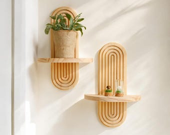 Boho Wooden Wall Shelf: Geometric Floating Plant Shelf