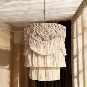 Macrame Lamp Shade – Boho Fringe Chandelier Lighting, Hanging Ceiling Lantern, Handmade Tassel Lampshade for Terrace & Home Décor