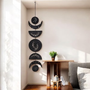 Wooden Moon Phase Garland Wall Hanging, Boho Wall Decor, Ramadan Decoration, Aesthetic Decor for Bedroom, Living Room, Lunar Phase Ornament